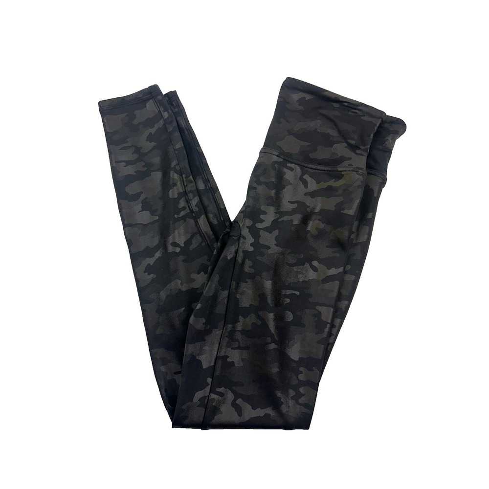Spanx Faux Leather Camo Leggings Matte Black Gray Pull On Comfort Stretch Medium